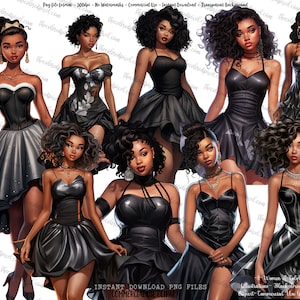 Clipart donna nera, clipart damigella d'onore, clipart ragazza nera del ballo di fine anno, clipart donne di colore, clipart per adesivo Planner, clipart abito nero
