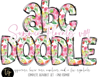 Floral Doodle Alphabet: Spring Summer PNG Clipart (Digital Download)