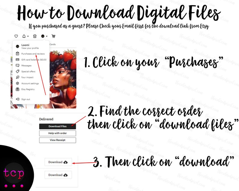 May include: A step-by-step guide on how to download digital files from Etsy. The image shows a screenshot of the Etsy website with instructions on how to find and download purchased digital files. The instructions include clicking on "Purchases", finding the correct order, and clicking on "Download Files".