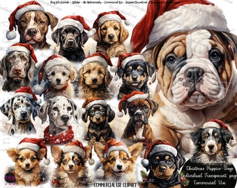 Christmas Puppy clipart, santa hat, Watercolor Christmas puppies, cute Christmas clipart dogs, 17 digital pngs included, Commercial use pngs