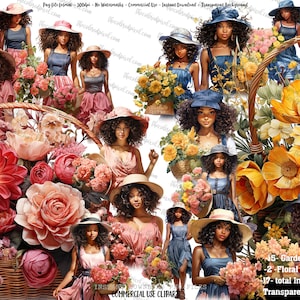 Clipart Garden Girl, clipart floreale, clipart per ragazze del giardino estivo, clipart ragazza nera, clipart donne con fiori, clipart adesive png