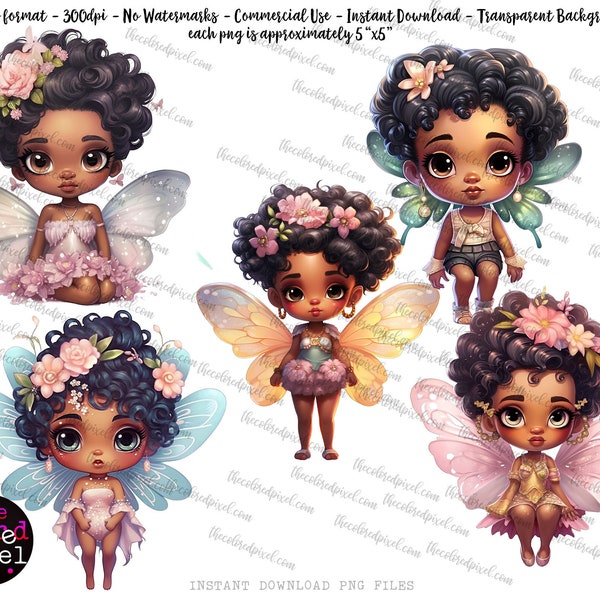 Fairy clipart, pink fairy PNG, melanin fairy png, black girl fairy clipart, angel wings, chibi fairy clipart, cute fairy sublimation designs