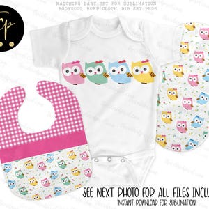 Pink Owls Bib and Burp cloth Sublimation set pngs, Girls Baby Shower Gift, Pink pngs bib burpcloth, Instant Download PNGS, Cute Owls