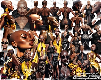 Bald Black Woman Clipart: Fashion Illustrations (PNG Digital Download)