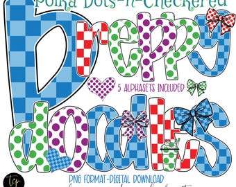 Preppy Hand-Drawn Doodle Alphabet PNG Bundle: Red, Blue, Green, Purple (Digital Download)