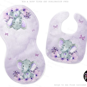 Elephant Butterflies Bib and Burp cloth Sublimation set pngs, Girls Baby Shower Gift, Lavender pngs bib burpcloth, Instant Download PNGS