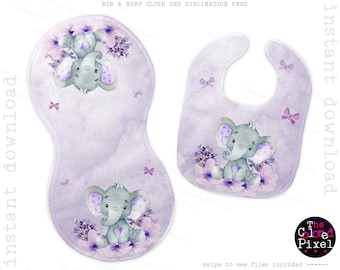 Elephant Butterflies Bib and Burp cloth Sublimation set pngs, Girls Baby Shower Gift, Lavender pngs bib burpcloth, Instant Download PNGS