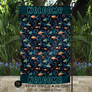 Welkom vissen lokken tuinvlag digitaal ontwerp downloaden | Werfvlag, png-bestand | Ontwerp voor sublimatie | Terrasdecoratie | PNG-indeling | Donkerblauw