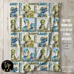 Rawr couverture bébé dinosaure pngs, sublimation pour couverture ou oreillers de bébé, modèle numérique instantané 8,25 x 8,25 pouces à modifier avec Canva