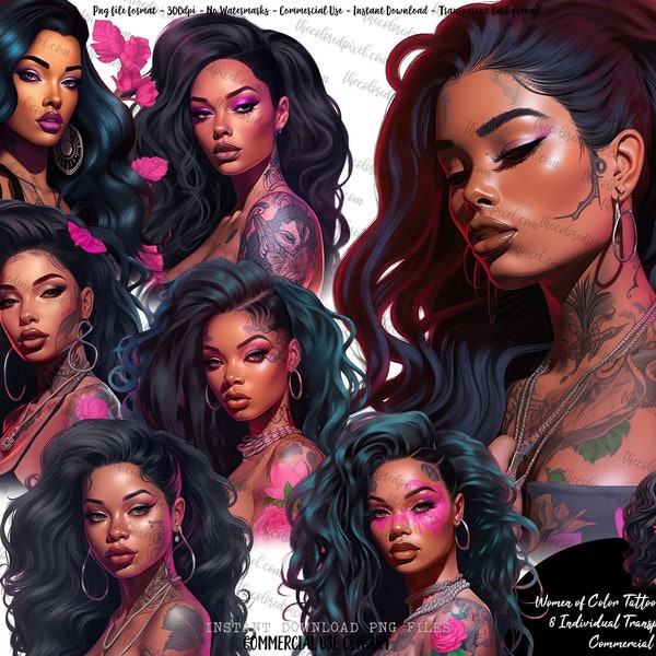 Black women with tattoos clipart, sublimation sticker png, Black girl clipart, Women of Color clipart, Black woman pink tattoo clipart v4