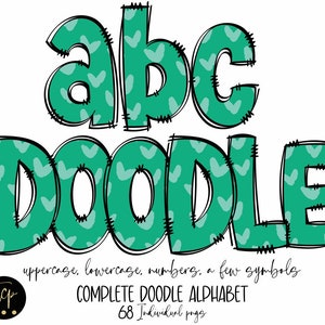 Doodle Letters PNG Alphabet Bundle, Handgezeichnetes Alpha Pack, digitaler Download Sublimationsalphabet PNG, DTF druckbar, grüne Herzen