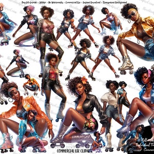 Può includere: Un set di 35 illustrazioni digitali di donne che pattinano a rotelle. Le donne indossano una varietà di abiti colorati e acconciature. Le illustrazioni sono in stile cartone animato e hanno un'atmosfera retrò. Le immagini sono trasparenti e possono essere utilizzate per scopi commerciali.