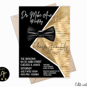 Invitación para fiesta de hombres en negro y dorado, invitación para cumpleaños número 50 de corbata negra, descarga instantánea, edición con Canva, 3 versiones incluidas