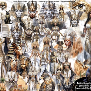 May include: A digital clipart set featuring 38 images of ancient Egyptian women, cats, and other symbols. The images are in a gold and white colour scheme and have a detailed, intricate style. The images are perfect for use in digital scrapbooking, card making, and other creative projects.