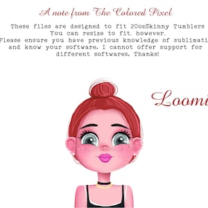 Op de afbeelding: Een digitale illustratie van een cartoonmeisje met rood haar, sproeten en blauwe ogen. Ze draagt een zwart tanktopje en een gouden ketting. De tekst "Loomi" is geschreven in rode cursieve letters in de rechterbovenhoek van de afbeelding.