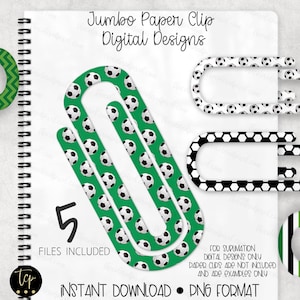 Soccer Jumbo Big Paper Clip Designs (5), Paperclips, Digital Sublimation File pngs, Sports, Football Coach Teacher gift Green Black White