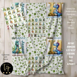 Dinosaurier Alphabet Babydecke png, Sublimationsdesign für Babydecke oder Kissen, sofortige digitale Vorlage 8,25 "x 8,25" bearbeitet mit Canva