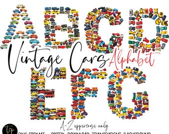 May include: Vintage toy car alphabet letters A, B, C, D, E, F, and G. Each letter is made up of a collection of colorful toy cars. The letters are arranged in a row with the text "Vintage Cars Alphabet" above them. The text "A-Z uppercase only" is below the letters. The text "PNG FORMAT - DIGITAL DOWNLOAD - TRANSPARENT BACKGROUND" is at the bottom of the image.