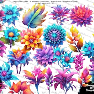 Fantasy Blumen Clipart, Sublimationsentwürfe, sofortiger Download, kommerzielle Nutzung, lila aqua pink teal Drachenblumen Fantasy Pngs v4 lebendige