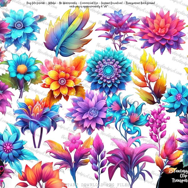 Fantasy flowers clipart, sublimation designs, instant download, commercial use, purple aqua pink teal dragonflowers fantasy pngs v4 vibrant