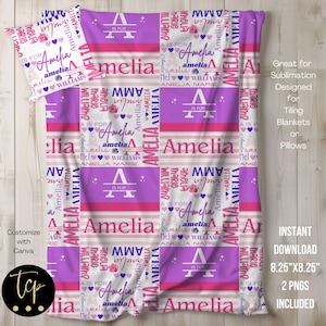 Couverture de bébé personnalisée oreiller PNG, monogramme personnalisé fille noms initiaux, 8,25 x 8,25 pouces fichier numérique sublimation PNG avec toile roses