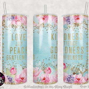 Frutas del Espíritu vaso envolver 20oz, Christian Tumbler Wrap pngs, Paz Amor Alegría png, Fruta Floral del Espíritu, Descarga Instantánea png x4
