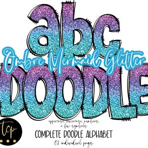 Pacote de alfabeto PNG de letras Doodle, pacote alfa desenhado à mão, download digital de alfabeto de sublimação PNG, DTF para impressão, ombre de sereia