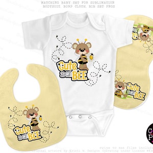 Cute as can Bee, Baby Bodysuit Bib Burp cloth sublimation pngs, Pastel Yellow Bib Set Cute as can bee, Digital files only, #KWECCRS2019