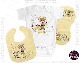 Cute as can Bee, Baby Bodysuit Bib Burp cloth sublimation pngs, Pastel Yellow Bib Set Cute as can bee, Digital files only, #KWECCRS2019