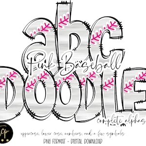 Pacote de alfabeto PNG de letras de doodle de beisebol rosa e branco, alfabeto desenhado à mão, alfabeto de sublimação digital PNG, DTF imprimível, beisebol