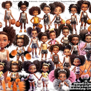 Petite fille noire clipart, clipart enfants de basket-ball, clipart filles de pom-pom girl, petite fille clipart basket-ball pom-pom girl png numérique