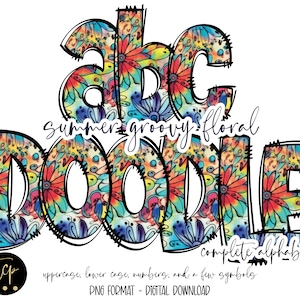 Alfabeto de flores hippie desenhado à mão Doodle Alpha Pack, sublimação digital, DTF imprimível, alfabeto doodle desenhado à mão, letras florais hippie