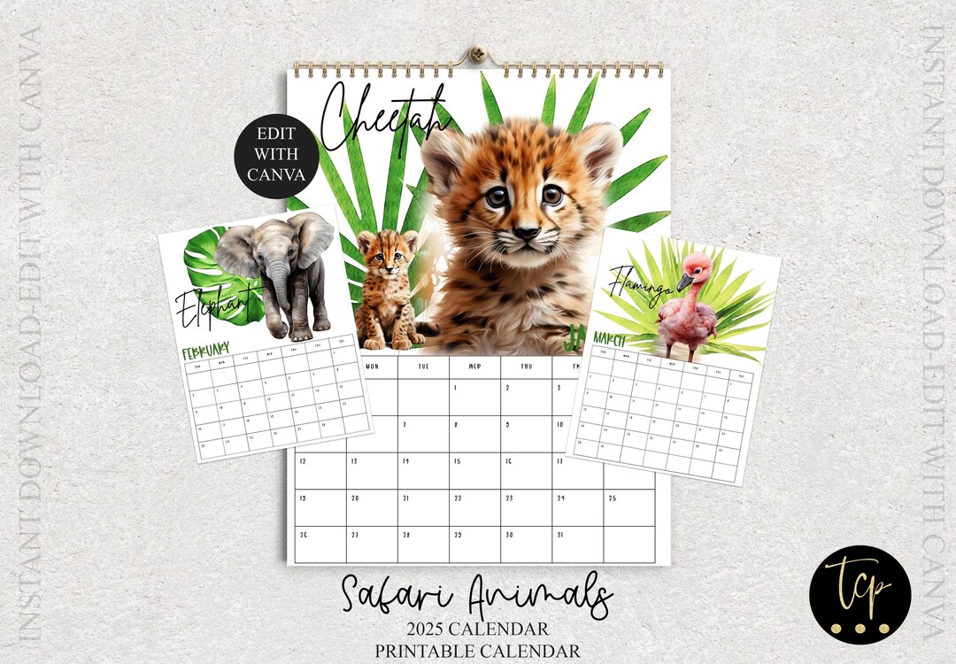2025 Calendar Template, 8.5x11 and 4.65x5.4 for Desktop Calendars, Printable Editable Calendar, Edit With Canva, Safari Animal Babies - Etsy Japan