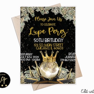 Convite para festa de aniversário para download instantâneo, convite de aniversário, modelo, download instantâneo, edição com Canva, Quinceañera, coroa de dinheiro