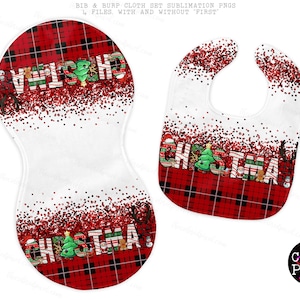 Baby&#39;s First Christmas Bib and Burp cloth set sublimation pngs, doodle letters Baby&#39;s first christmas 2 Designs included, digital files only