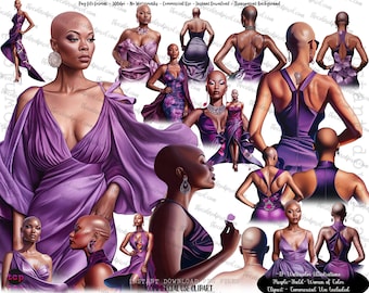 Bald Black Woman clipart, purple fashion clipart, Bald women of color clipart, black women clipart, clipart for bald women, purple clipart