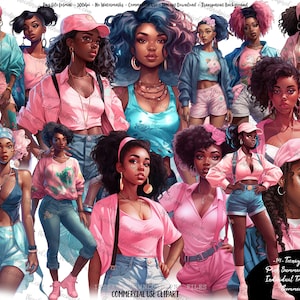 Schwarzer Teenager Clipart, Sublimation png, Schwarzes Mädchen Clipart, Schwarze Mädchen Sommer Mode Clipart, Kommerzieller Aufkleber Clipart, Planer