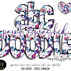 Alfabeto salpicado de tinta, respingos de tinta Doodle Letras Pacote de alfabeto PNG, Pacote alfa desenhado à mão, Alfabeto de sublimação PNGs, DTF imprimível