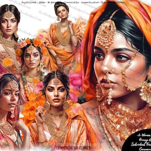 Images clipart femmes indiennes, téléchargement par sublimation, clipart Dupatta femme indienne, clipart planificateur autocollant, or orange et rose, clipart mariage