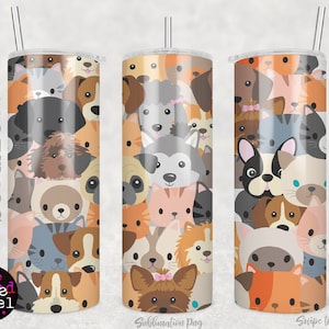 Gatos y perros 20oz Tumbler Wrap, Cute Cats Dogs collage PNG, Descarga instantánea, 9.4"x8.2" para 20oz Skinny Straight Tumbler png, Perros y gatos