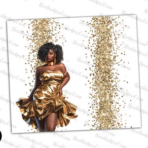 May include: A woman in a gold dress stands in front of a gold glitter background. She has dark skin, dark hair, and is wearing gold jewelry.