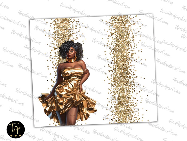 May include: A woman in a gold dress stands in front of a gold glitter background. She has dark skin, dark hair, and is wearing gold jewelry.