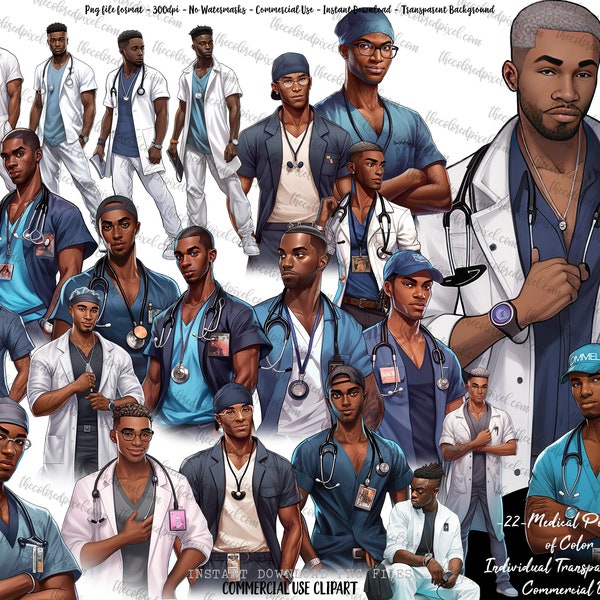 Clipart personnel médical noir, sublimation png, clipart infirmière médecin noir, clipart hommes de couleur, dessin animé réaliste docteur infirmiere cna vp85