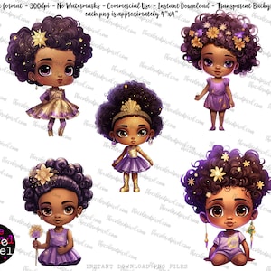 小さな黒人の女の子の PNG クリップアート、かわいい黒人の女の子の PNG クリップアート バンドル、黒人のプリンセスの黒人の女の子のクリップアート、商用ライセンスを含む紫