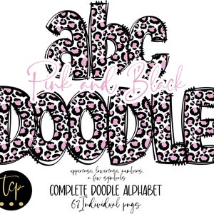Doodle Letters PNG Alphabet Bundle, Handgezeichnetes Alpha Pack, digitaler Download Sublimationsalphabet PNG, DTF Printable, rosa und schwarzer Gepard