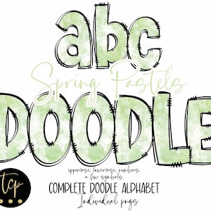 Doodle Letters PNG Alphabet Bundle, Handgezeichnetes Alpha Pack, digitaler Download Sublimationsalphabet PNG, DTF Printable, Frühlingsgrün