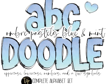 Doodle Letters PNG Alphabet: Spring Ombre Blues (digital nedladdning)