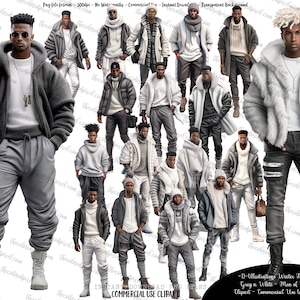 May include: Thirteen digital illustrations of men wearing winter fashion in shades of gray and white. The men are wearing various winter clothing, including jackets, sweaters, scarves, and hats. The illustrations are in a cartoon style and are suitable for commercial use.