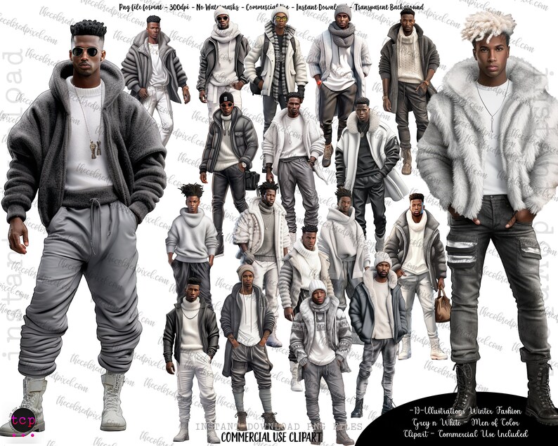 May include: Thirteen digital illustrations of men wearing winter fashion in shades of gray and white. The men are wearing various winter clothing, including jackets, sweaters, scarves, and hats. The illustrations are in a cartoon style and are suitable for commercial use.