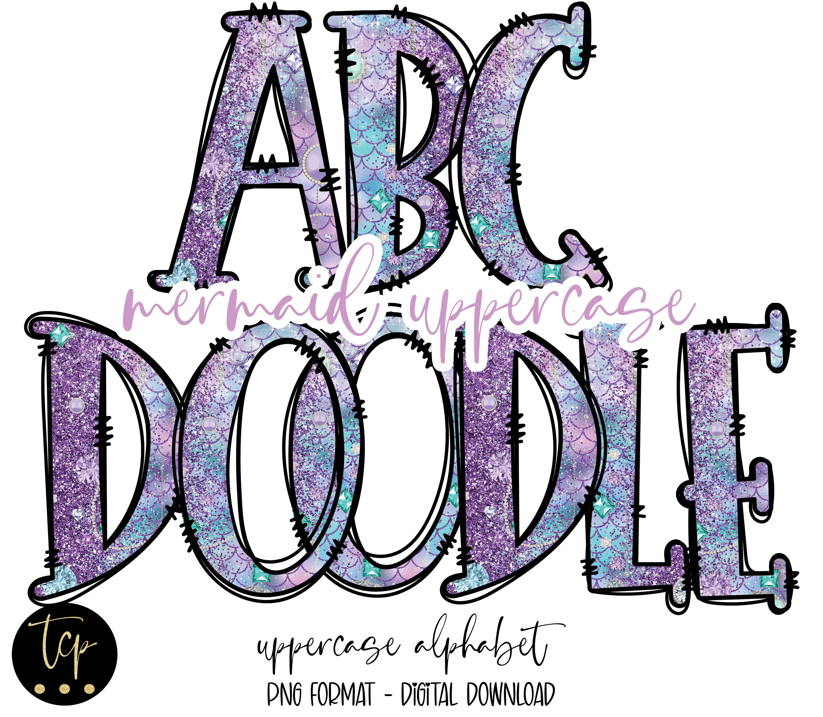 Mermaid Doodle Alphabet PNG Bundle: Hand-drawn Letters (digital ...